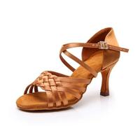 Hixingo Scarpe da Ballo Latino Donna con Tacco 7.5cm, per Le Donne Tacchi Bassi per Salsa Jazz Ballroom,Salsa Tango Bachata Danza Professionale Scarpe con Punta Aperta -Style 6732 (Marrone,38)