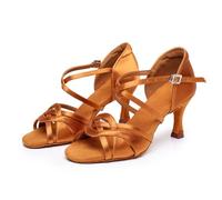 Hixingo Scarpe da Ballo Latino Donna con Tacco 7,5cm, per Le Donne Tacchi Bassi per Salsa Jazz Ballroom,Salsa Tango Bachata Danza Professionale Scarpe con Punta Aperta -Modello 901 (Marrone,40)