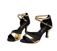 Hixingo Scarpe da Ballo Latino Donna con Tacco 7cm, per Le Donne Tacchi Bassi per Salsa Jazz Ballroom,Salsa Tango Bachata Danza Professionale Scarpe con Punta Aperta -Style 806 (Nero Oro,40)