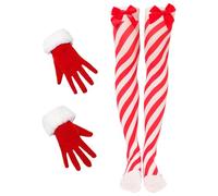 HIXNUG Set di 2 calzini natalizi con bastoncini di zucchero, guanti rossi, calze a righe di Natale, per cosplay, compleanni, feste di Natale