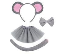 HIXNUG Set di accessori per costume da topo, 4 pezzi, orecchie da topo, fascia per capelli, papillon, coda, tutù, gonna, per ratto