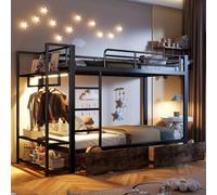 HIYYIH Letto a castello in metallo, 140 x 200 cm, multicolore con 2 cassetti, letto a castello doppio più ripiani, letto per bambini con striscia luminosa a LED e asta appendiabiti, nero (non