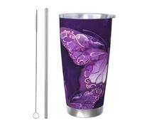 HJBNW Bicchiere da 590 ml in acciaio inossidabile con coperchio e cannuccia a doppia parete isolata sottovuoto tazza da caffè viola farfalle tazze da caffè tazze da viaggio riutilizzabile tazza