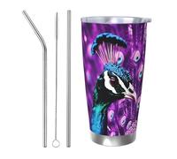 HJBNW Bicchiere da 590 ml in acciaio inossidabile con coperchio e cannuccia a doppia parete isolata sottovuoto tazza da caffè viola pavone tazze da caffè tazza da viaggio riutilizzabile tazza termica