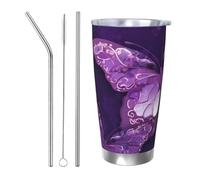 HJBNW Bicchiere da 590 ml in acciaio inossidabile con coperchio e cannuccia a doppia parete isolata sottovuoto tazza da caffè viola farfalle tazze da caffè tazze da viaggio riutilizzabile tazza