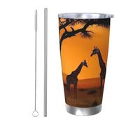 HJBNW Bicchiere da 590 ml in acciaio inossidabile con coperchio e cannuccia a doppia parete isolata sottovuoto tazza da caffè da viaggio Giraffa sotto l'albero in Africa Tazza da caffè riutilizzabile