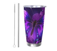 HJBNW Tumbler da 590 ml in acciaio inossidabile con coperchio e cannuccia a doppia parete isolata sottovuoto tazza da caffè viola farfalla caffè tazze riutilizzabili tazza da viaggio tazza termica