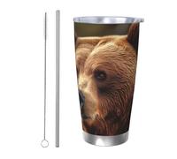 HJBNW Tumbler da 590 ml in acciaio inossidabile con coperchio e cannuccia a doppia parete isolata sottovuoto tazza da caffè Grizzly Bear tazza da caffè riutilizzabile tazza da viaggio tazza termica