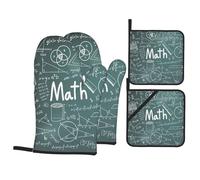 HJFCZH Set da cucina con stampa di parole e lezioni di matematica, 4 pezzi, coperture resistenti al calore con guanti da forno impermeabili per cucinare e grigliare