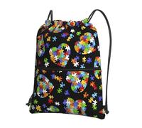 HJFCZH Zaino con cerniera e coulisse con stampa a forma di cuore per la consapevolezza dell'autismo, leggero, con tasca frontale, ideale per viaggi e yoga