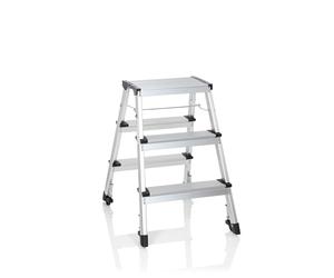 hjh OFFICE 830009 Scala a gradini con rotelle SOLID IV Scala pieghevole in alluminio con 3 gradini, accessibile da entrambi i lati, portata fino a 150 kg