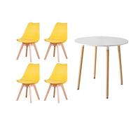 HJhomeheart Set da Pranzo con 4 Sedie e 1 Tavolo Rotondo. Sedie da Pranzo Giallo in Stile Nordico + Set di Mobili da Tavolo Rotondi Bianchi da Cucina Moderna