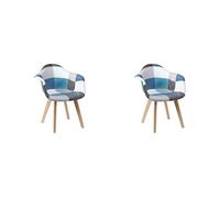 HJhomeheart Set di 2 Sedie da Pranzo in Tessuto Patchwork con Braccioli, Poltrona dal Design Moderno, Sedia da Cucina in Legno di Faggio Scandinavo (Blu)