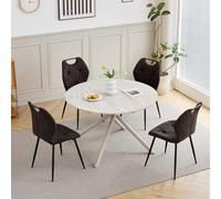 HJhomeheart Set tavolo e Sedie da Pranzo, tTavolo Rotondo da 115 cm e 4 Sedie Rivestite in Lino, Adatto per Cucina, Soggiorno e Sala da Pranzo (Grigio Chiaro + noir)