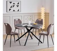 HJhomeheart Set tavolo e Sedie da Pranzo, tTavolo Rotondo da 115 cm e 4 Sedie Rivestite in Lino, Adatto per Cucina, Soggiorno e Sala da Pranzo (Nero + marrone)