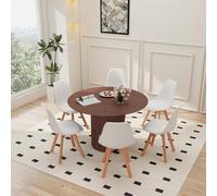 HJhomeheart Tavolo da Pranzo Rotondo da 120 cm con 6 Sedie da Pranzo,Tavolo da cucina con Base in legno, Sedie da Cucina con Schienale in Plastica, per 4-6 Persone,Marrone Scuro+Bianco