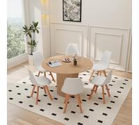 HJhomeheart Tavolo da Pranzo Rotondo da 120 cm con 6 Sedie da Pranzo, Tavolo da cucina con Base in legno, Sedie da Cucina con Schienale in Plastica, per 4-6 Persone,Marrone Chiaro+Bianco