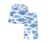 HJKdfv Set pigiama da donna con stampa di pesce, manica lunga con bottoni, pigiama morbido per rilassarsi e indumenti da notte comodi, Nero , M