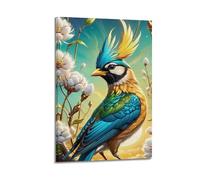 hjkhjt Poster colorato con animali crestato uccello di fiori di cotone, poster artistico da parete su tela estetica per soggiorno, camera da letto, 60 x 90 cm, con cornice