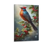 hjkhjt Poster colorato con animali, stampa artistica da parete su tela, motivo: uccellino su ramo di agrifoglio con bacche, per soggiorno e camera da letto, 50 x 75 cm, con cornice