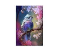 hjkhjt Poster colorato con animali su un ramo con fiori rosa, poster artistico da parete su tela per soggiorno, camera da letto, 60 x 90 cm, senza cornice, stile