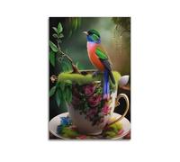 hjkhjt Poster colorato con uccellino su tazza da tè floreale con muschio, stampa artistica da parete su tela, per soggiorno, camera da letto, 60 x 90 cm, senza cornice, stile