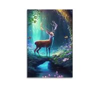 hjkhjt Poster con animali cervi nella foresta incantata con farfalle, poster artistico da parete su tela per soggiorno e camera da letto (20 x 30 cm) senza cornice