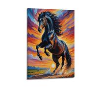 hjkhjt Poster con animali che allevano cavalli neri al tramonto colorato, poster artistico da parete su tela per soggiorno e camera da letto (50 x 75 cm) con cornice