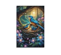 hjkhjt Poster con animali con famiglia di uccelli nel nido con fiori di bosco, poster artistico da parete su tela per soggiorno, camera da letto, 60 x 90 cm, senza cornice