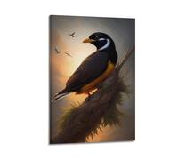 hjkhjt Poster con animali, stampa artistica da parete su tela, con motivo con uccellini e tramonto e ramo nero, giallo, per soggiorno, camera da letto, 40 x 60 cm, con cornice