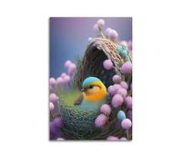 hjkhjt Poster con animali uccellini nel nido con fiori viola, stampa artistica da parete su tela, per soggiorno, camera da letto, 50 x 75 cm, senza cornice