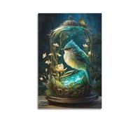 hjkhjt Poster con animali, uccellino blu verde in cupola di vetro con fiori, poster artistico da parete su tela per soggiorno, camera da letto, 40 x 60 cm, senza cornice