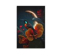 hjkhjt Poster con animali, uccello su fiore di luna crescente, poster artistico da parete su tela per soggiorno camera da letto (30 x 45 cm) senza cornice