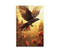 hjkhjt Poster con aquila che vola sul castello con rose rosse, stampa artistica da parete su tela, per soggiorno, camera da letto, 50 x 75 cm, senza cornice