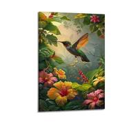 hjkhjt Poster con colibrì in fiori tropicali, stampa artistica da parete su tela, per soggiorno, camera da letto, 50 x 75 cm, con cornice