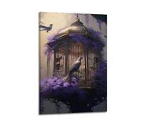 hjkhjt Poster con gabbia per uccelli e fiori viola, stampa artistica da parete su tela, per soggiorno, camera da letto, 50 x 75 cm, con cornice
