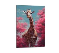 hjkhjt Poster con giraffa tra alberi in fiore rosa, stampa artistica da parete su tela, per soggiorno, camera da letto, 60 x 90 cm, con cornice