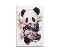 hjkhjt Poster con panda con fiori rosa, stampa artistica da parete su tela, per soggiorno, camera da letto, 60 x 90 cm, senza cornice