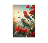 hjkhjt Poster su tela con animali colorati con uccelli su ramo di rosa rossa, poster artistico da parete per soggiorno, camera da letto, 30 x 45 cm, senza cornice, stile