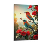 hjkhjt Poster su tela con animali colorati con uccelli su ramo di rosa rossa, poster artistico da parete per soggiorno, camera da letto, 30 x 45 cm, con cornice