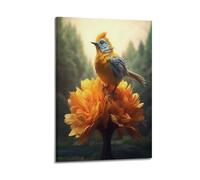 hjkhjt Poster su tela con stampa di animali colorati, motivo: uccello su grande fiore arancione, per soggiorno, camera da letto, 50 x 75 cm, con cornice
