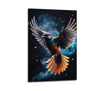 hjkhjt Poster su tela con stampa di uccelli che volano con stelle blu e fumo, decorazione artistica da parete su tela, per soggiorno e camera da letto, 20 x 30 cm, con cornice