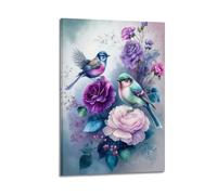 hjkhjt Poster su tela con stampa di uccelli colorati su rose viola, stampa artistica da parete per soggiorno e camera da letto, 30 x 45 cm, con cornice