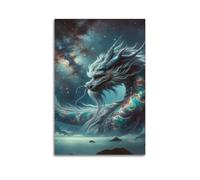 hjkhjt Poster su tela, motivo: drago celeste sopra il mare sotto il cielo stellato, decorazione artistica da parete su tela, per soggiorno, camera da letto, 50 x 75 cm, senza cornice