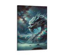 hjkhjt Poster su tela, motivo: drago celeste sopra il mare sotto il cielo stellato, stampa artistica da parete su tela, per soggiorno, camera da letto, 50 x 75 cm, con cornice