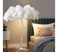 HJLJKG Bedroom and Living Room Standing Lamp Natural Ostrich Feather Floor Lamp, Silver Lamp Body, 3 Color Dimmerabile with
