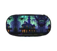 HJLUUFT Astuccio nero con stampa di case infestate semplice e robusto astuccio multifunzionale per cancelleria da ufficio