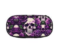 HJLUUFT Astuccio per matite con stampa di teschio viola con rose, semplice e robusto, multifunzionale, per cancelleria da ufficio