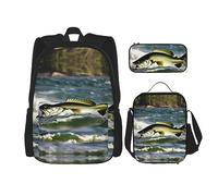 HJLUUFT Bass Fishing Wave - Set di 3 zaini, grande borsa per la scuola con portapranzo e astuccio, set zaino, elegante e pratico