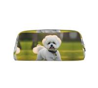 HJLUUFT Bichon Frise Dog on the grass - Astuccio per matite e trucchi in pelle di alta qualità, versatile per penne, cosmetici e altro, Argento, Taglia unica, ARTE